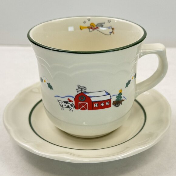 Vtg Pfaltzgraff Snow Village Christmas Farmhouse Coffee Mug Saucer Set Teacup - Picture 1 of 15